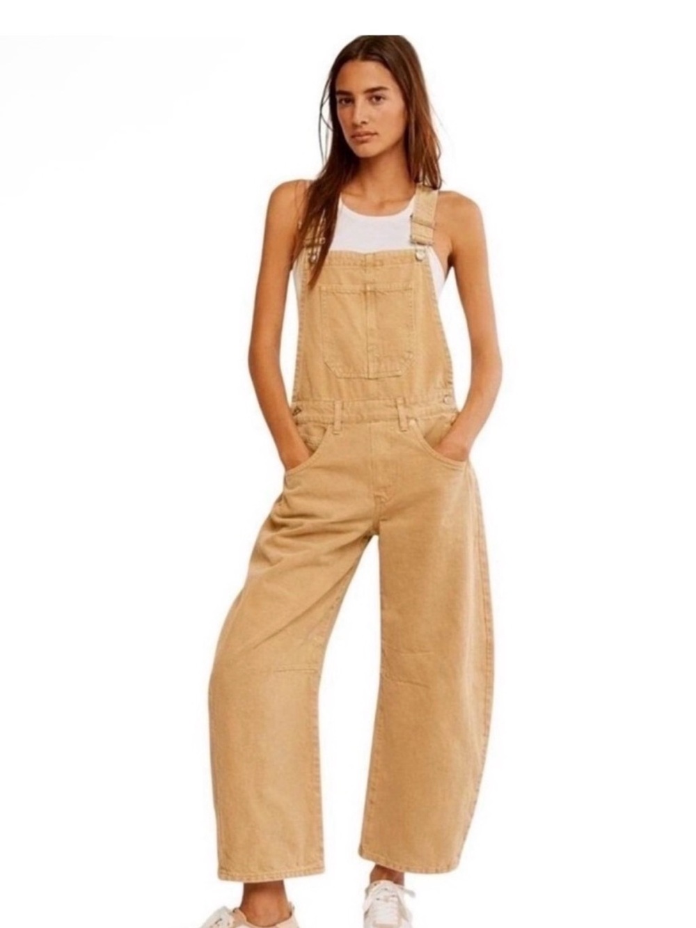 Free people Lucky Relaxed Wide-Leg Tan Overalls for Women
